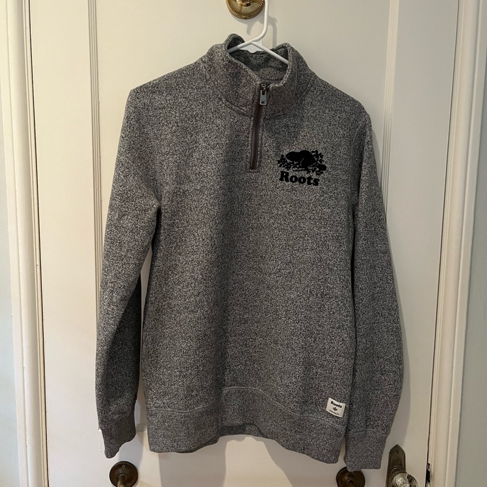Roots sweater in a marled grey color